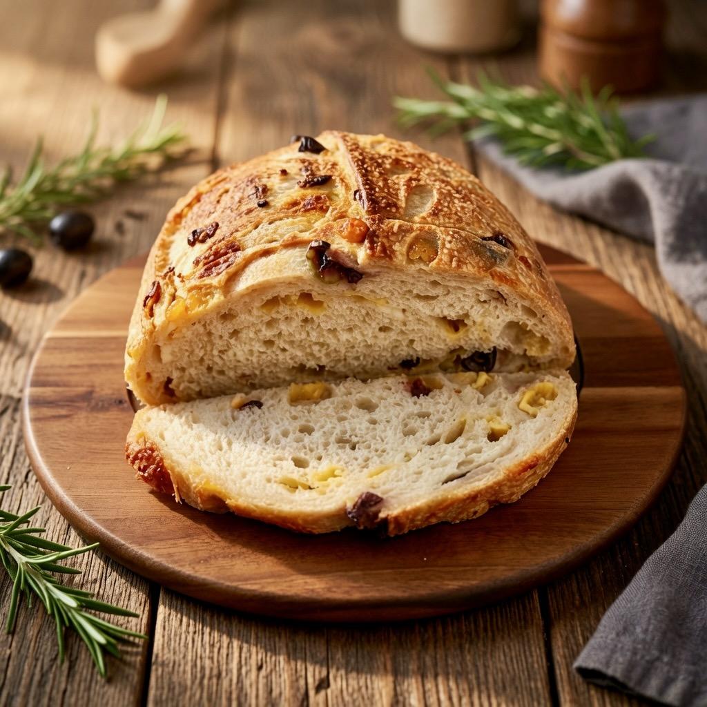 Cheddar and olive sourdough loaf sliced open